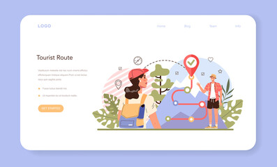 Tour guide web banner or landing page. Tourists following a wild route
