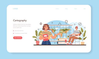 Geography class web banner or landing page. Cartography. Studying the land