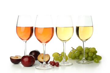 Glasses of wine and ingredients isolated on white background