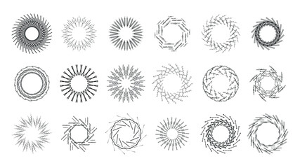 Set Abstract Collection Round Circles Starburst Sunburst Sunset Black Line Doodle Design Elements Bursting Rays Sunrise Shine Light Radiant Sparkles Vector Design Style