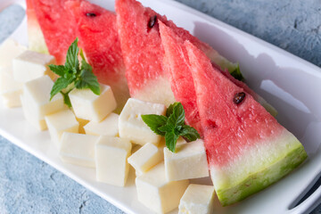 Plate with Fresh Watermelon and Cheese