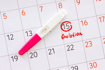 Ovulation home test on calendar with ovulation day red mark