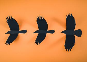 Three black crows on an orange background.