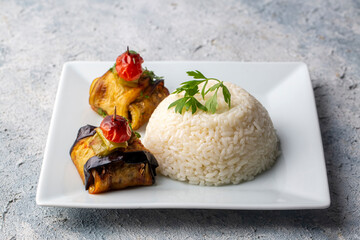 Traditional delicious Turkish food; Kofte kebab wrapped in eggplant (Turkish name; Islim - islim kebabi or kurdan kebabi)