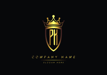 Alphabet letters PK monogram logo, gold color, shield style, luxury style, vector illustration