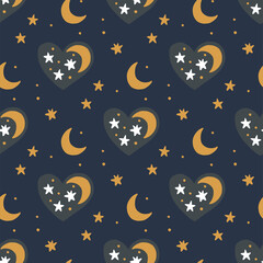 Hearts seamless vector good night pattern. Ornate romantic boho valentine background Valentines daystar and moon kid design.