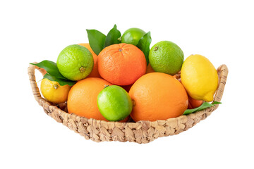 Wicker basket with citrus fruit isolated on white background