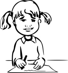 The schoolgirl is sitting at the bench in the classroom. He writes with a pen on a piece of paper
