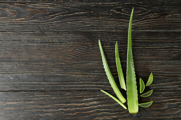 Aloe vera leaves and slices on wooden background