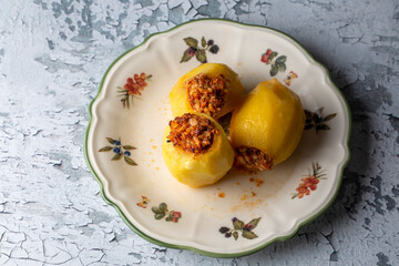 Traditional delicious Turkish food; stuffed potatoes (Turkish name; Patates dolmasi)
