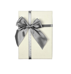 Beige gift box with silver bow on white background, isolate