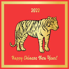 Happy Chinese 2022 New year card, tiger vector animal illustration. Red oriental greeting zodiac design.