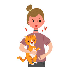 A portrait of a cute cartoon girl holding a ginger cat in her arms, around the hearts is a symbol of love for a pet. Kitten and woman avatar, isolate on white. Cute character with animal