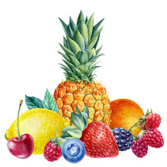 Fruits and berries. Cherry, tangerine, pineapple, strawberry and blueberries, watercolor illustration botanical painting