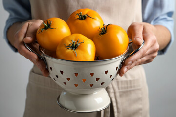 Woman holding colander with fresh ripe yellow tomatoes, closeup