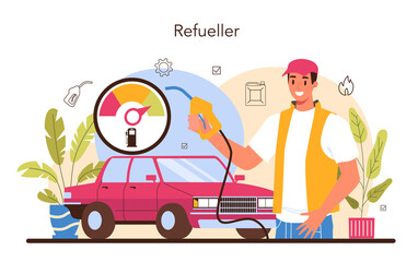 Refueler concept. Gas station worker in uniform working