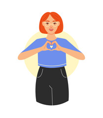 Concept of love, support, care. Girl shows emotion of love with gestures. Vector cute heart from hands . Flat vector illustration on an isolated white background.