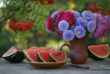Colorful composition with a bouquet of lilac and pink asters in a clay mug and a juicy ripe watermelon cut into slices on a blurred background of rowan branches. Still life with flowers and fruit