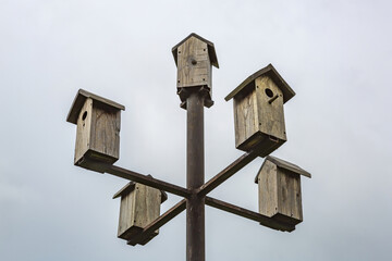 Wooden birdhouse-feeder on the background of a cloudy sky in the summer city park