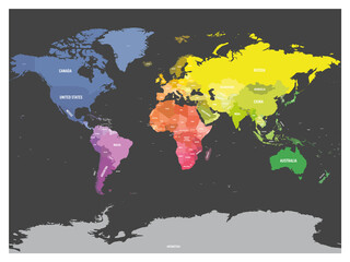 World map. High detailed political map of World with country names labeling. Colorful map on dark background.