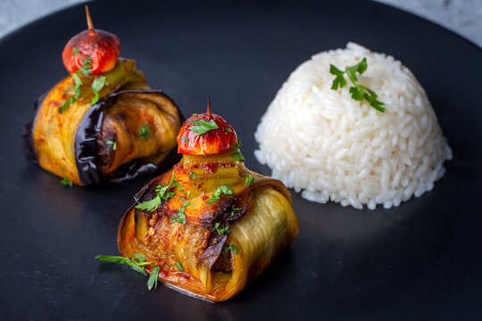 Traditional delicious Turkish food; Kofte kebab wrapped in eggplant (Turkish name; Islim - islim kebabi or kurdan kebabi)
