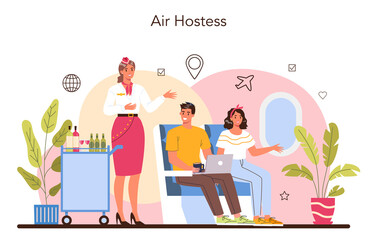 Stewardess concept. Flight attendants help passenger in airplane.