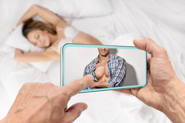 Unfair wife cheating husband with lover while husband calling on smartphone