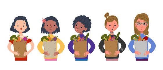 A set of cartoon women holding eco shopping bags containing vegetables and fruits. Cheerful cute characters to the waist. Vector illustration in children s style