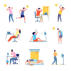 Fototapeta na wymiar People hot weather. Outdoor sunny unhealthy persons exhaustion tired male and female characters headache recent vector flat illustrations