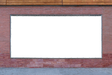 Empty wide tarpaulin billboard mockup on brick wall - obrazy, fototapety, plakaty