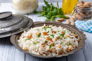 Traditional delicious Turkish food; Almond rice pilaf (Turkish name; Bademli pirinc pilavi)