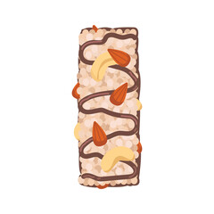 Cereal muesli bar with cashew nuts and almonds decorated with a caramel pattern. Sports nutrition. Vector isolated on white background.