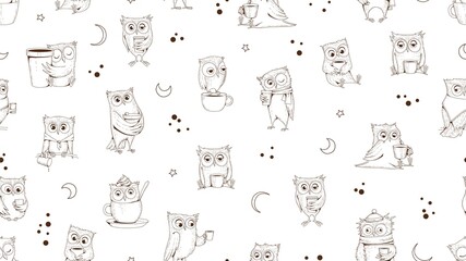 Sketch dreaming owls pattern. Owl with coffee, sleeping tired wild birds vector seamless texture