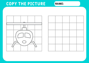 Coloring Funny little helicopter. Educational Game for Kids. Copy the picture.  Illustration and vector outline - A4 paper ready to print. Preschool worksheet.