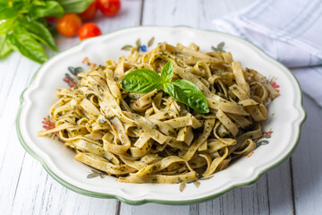 Italian pasta; Tagliatelle with Pesto Sauce