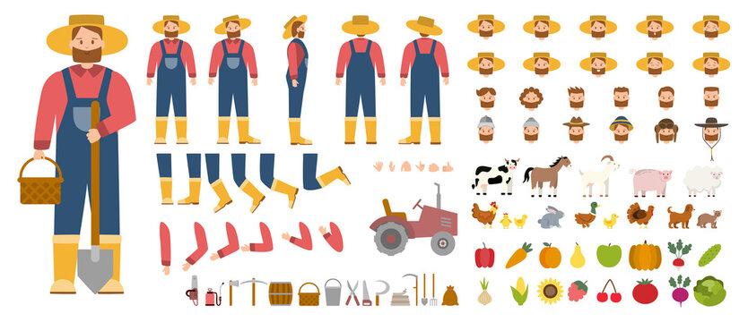 Young male farmer constructor set. Person working on a farm.