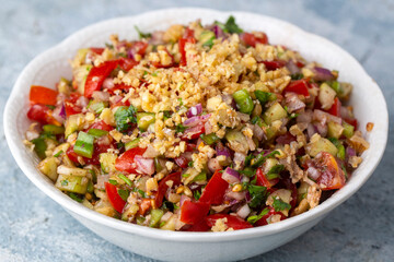 Traditional delicious Turkish cuisine, salad with tomatoes, cucumbers (Turkish name; Gavurdagi salata)