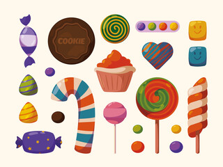 Cartoon sweets. Cookies lollipop and colored glass sugar chocolate candies garish vector set isolated