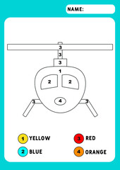 Coloring page with helicopter. Color by numbers educational children game, drawing kids activity. transport  theme. Illustration and vector outline - A4 paper ready to print.