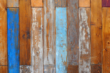 A natural, textured background of old vertical wooden boards with cracked paint of blue, white color.