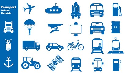 Transports en 20 icônes bleus, collection	