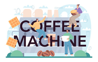 Fototapeta na wymiar Coffee machine typographic header. Barista making a cup of hot coffee