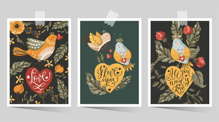Valentines day cartoon vector card set with hand drawn lettering quote flower, bird and heart. Love greeting print poster. Ornate floral design.