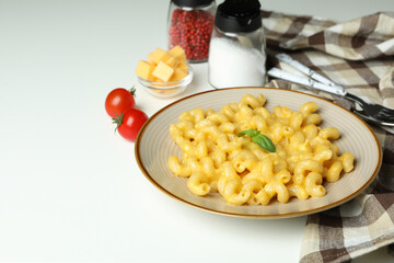 Concept of tasty eating with macaroni with cheese on white background