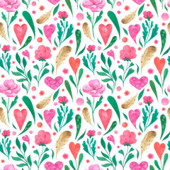 Red flowers, roses, hearts and feathers.