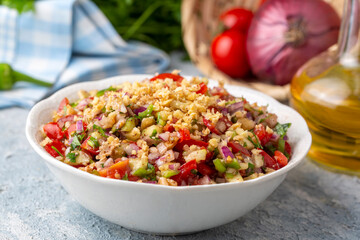 Traditional delicious Turkish cuisine, salad with tomatoes, cucumbers (Turkish name; Gavurdagi salata)