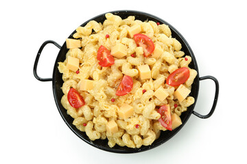 Tasty macaroni and cheese isolated on white background