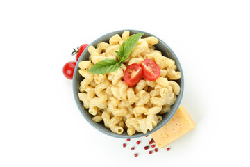 Tasty macaroni and cheese isolated on white background
