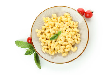 Tasty macaroni and cheese isolated on white background