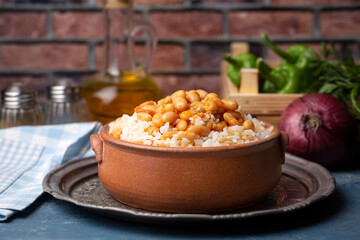 Traditional Turkish cuisine. Kuru Fasulye . Haricot Beans, rice and beans (Turkish name; pilav ustu kuru fasulye)